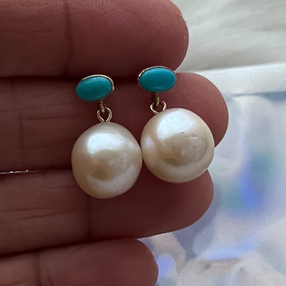14K Yellow Gold Turquoise and Pearl Earrings